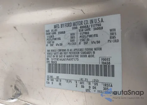 2001 Ford Ranger Edge/Xl/Xlt z USA, uszkodzony, nr VIN 1FTYR14U61PA97175